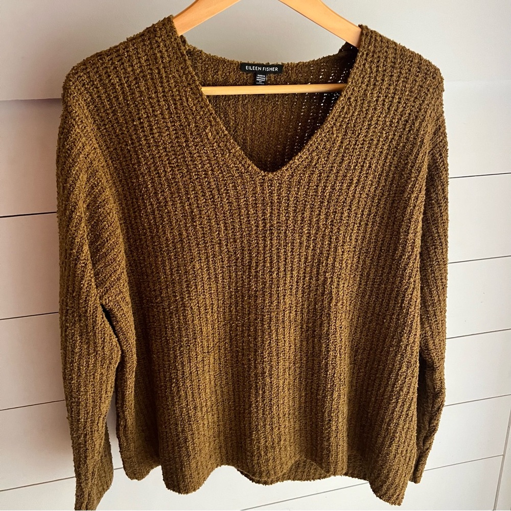 Eileen Fisher Women’s Olive Knit V-Neck Sweater Cotton Cashmere Size Medium